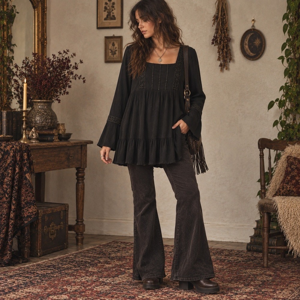 Women Oversized Tiered Tunic Top Small Bell Sleeve Boho Whimsigoth Babydoll Goth